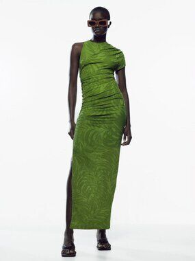 Zara Ruched Midi Maxi Dress Leaf Knit Pleated Detail Sun Dress Summer Cover Up
